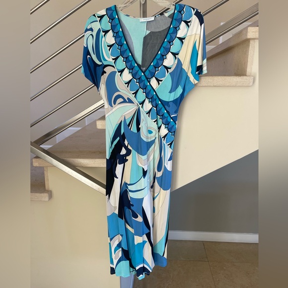 Vintage Pucci Blue Patterned V-Neck Dress - Picture 1 of 16